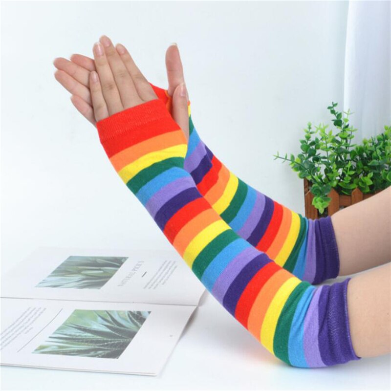 Regenbogen Farbe Lange Warme Handschuhe 40CM Japanischen Stil Neue Dünne Weibliche Arm Ärmel gestreift betroffen Sonnencreme Frühling Herbst Handschuhe