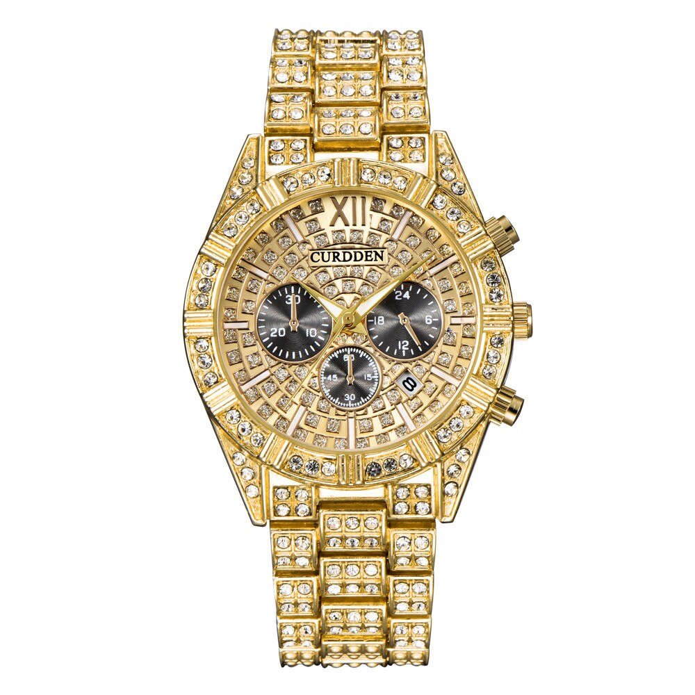 Hip Hop Watch Men Chronograph Diamond Iced Out Mens Watches Brand Luxury Gold Clock Quartz Male Wristwatch relogio: C