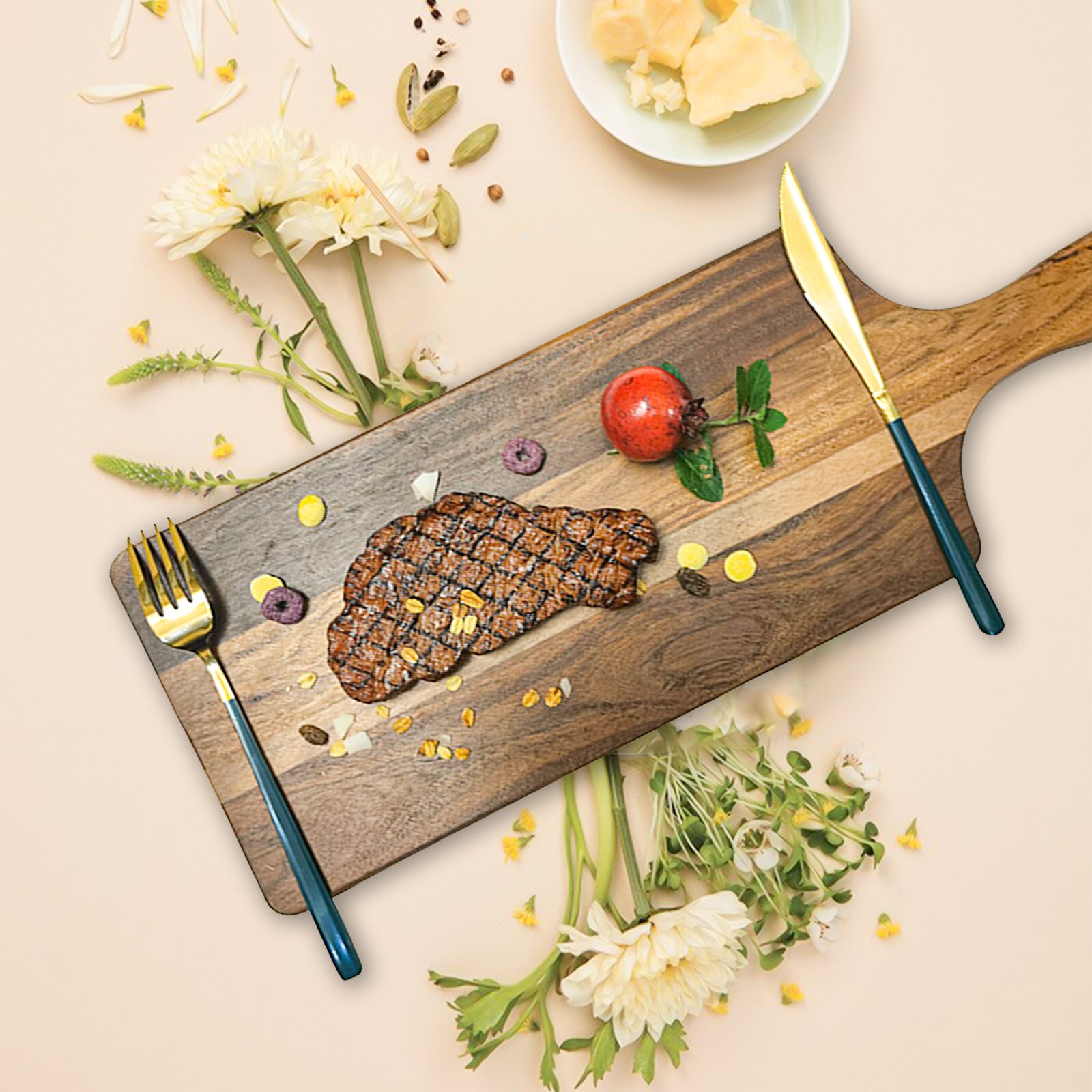Steak Wood Serving Board Charcuterie Acacia Wood Cutting Board Steak Plate with Handle for BBQ and Grill Wooden Serving Tray