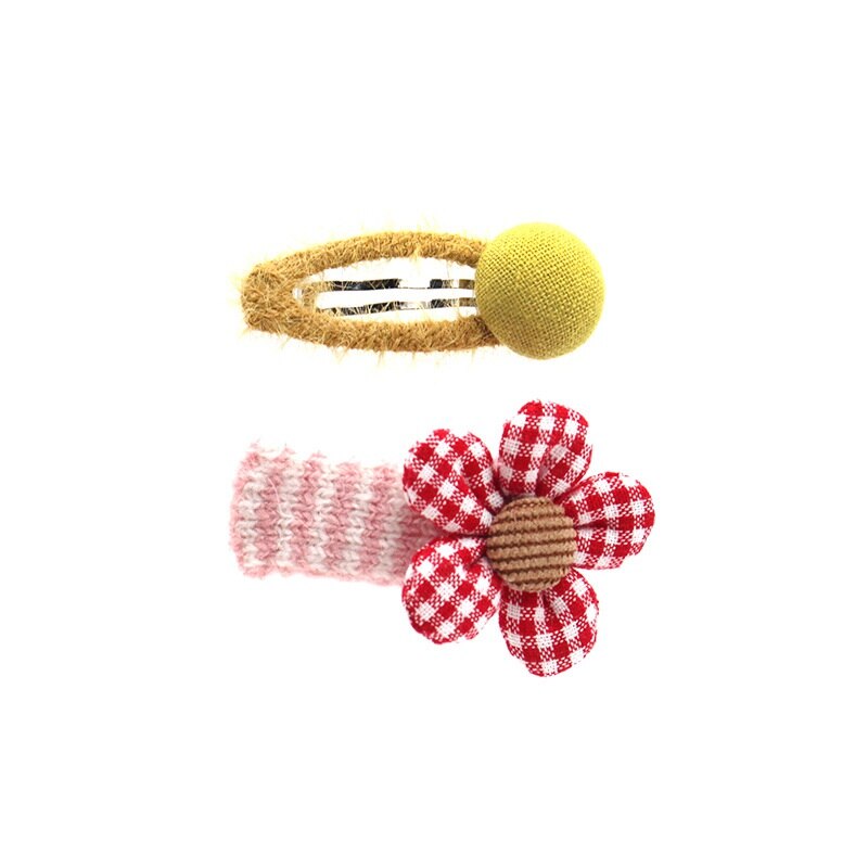 Hair Pin 2 Pcs Cloth Baby Girls Plaid Flower Hairpin Button Ball Hair Accessories Side Clip