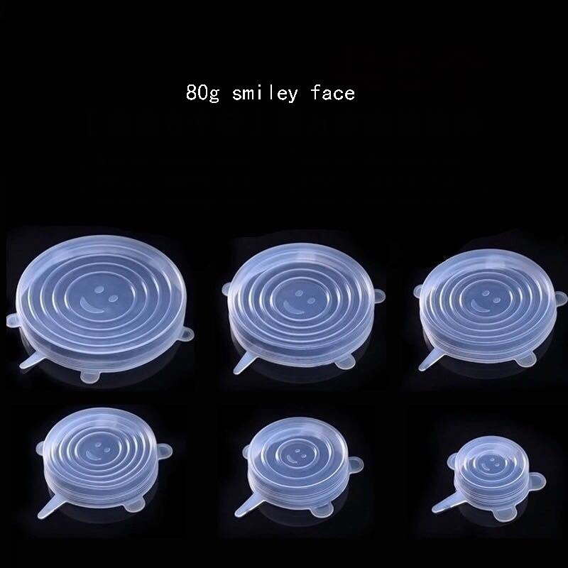 6pc silicone couvercle extensible réutilisable universel silicone bol pot couvercle conservation des aliments couvercle cuisson silicone couvercle accessoires de cuisine: 80g smiley face 6pcs