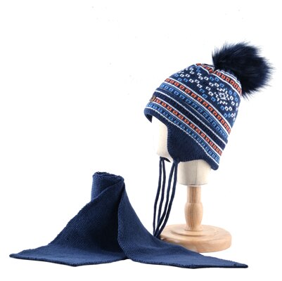 K brand børn vinter hat tørklæde sæt til drenge efterligning pels pompon strikket beanie baby børn varme hatte med ørebeskyttelseshætte: Blå 2