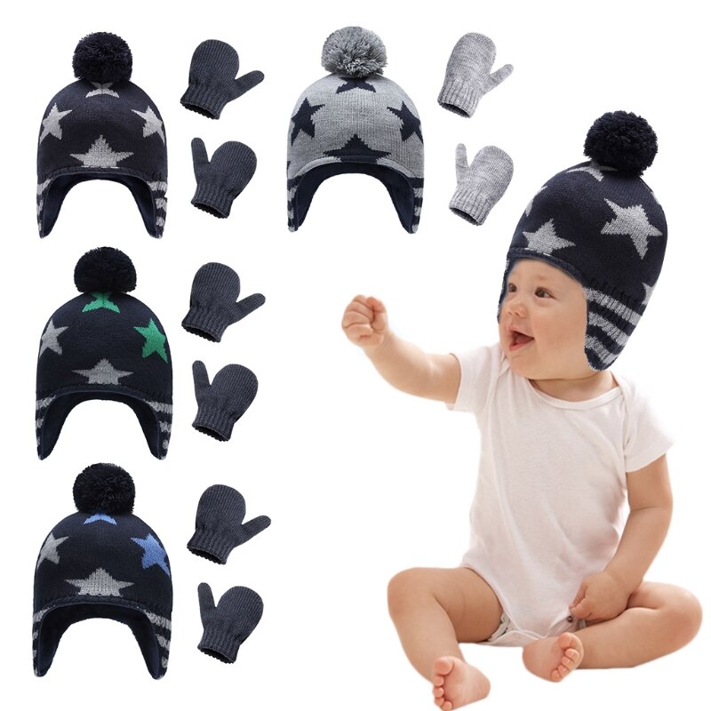 Baby gebreide muts handschoenen set ski winter muts muts met warme oorflap wanten