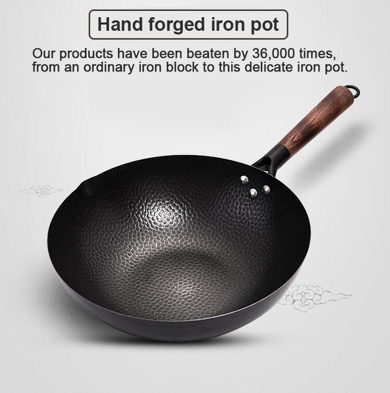 Handmade iron pot 32cm uncoated health wok non-stick pan gas stove induction cooker universal wood cover