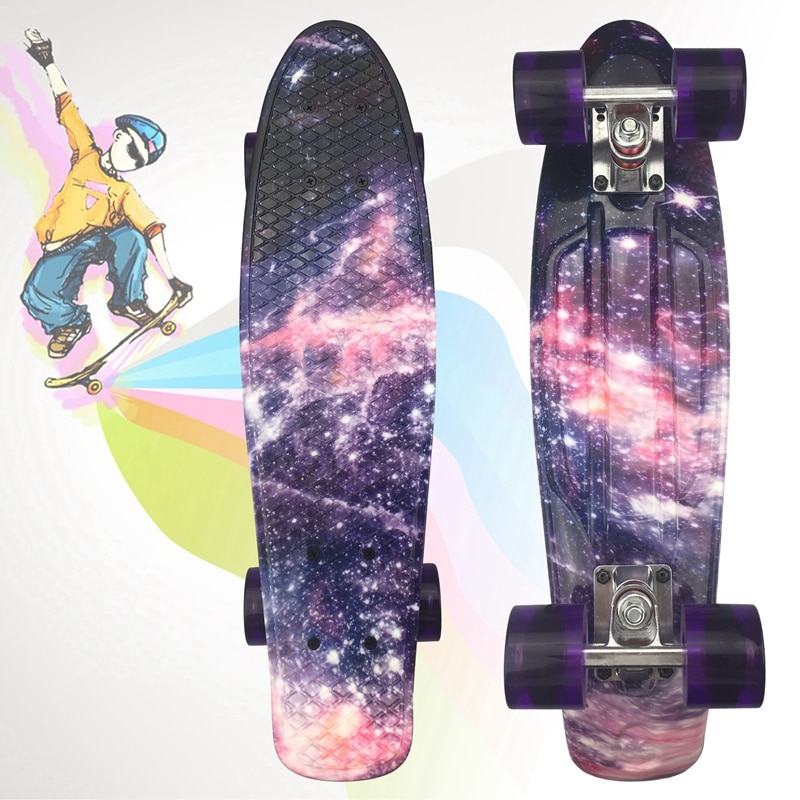 Skateboard mini cruiser board 22 inch  x 6 inch retro longboard skate long board grafisk galakse lilla