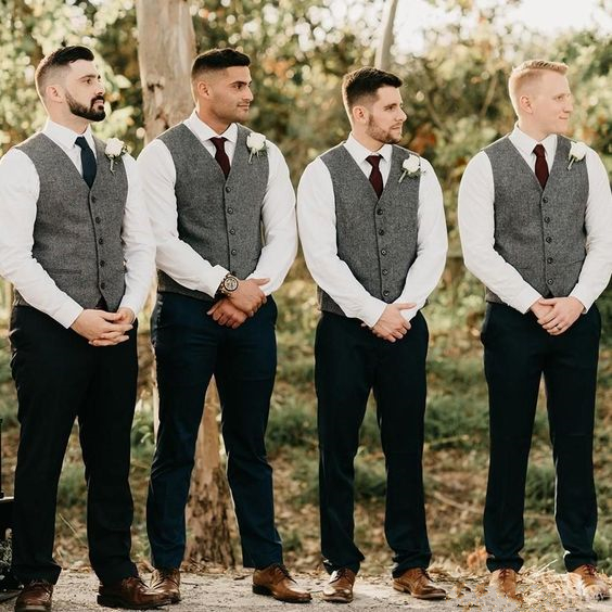 Men Suit Vests Grey For Groosmen Man Wedding Wool Tweed Business Waistcoat Jacket Casual Slim Fit Gilet Homme Vest