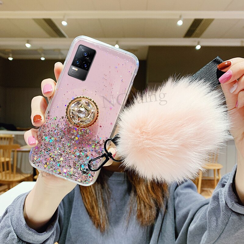 Handphone caso para vivo v21e macio tpu luxo strass anel titular hariball com alça