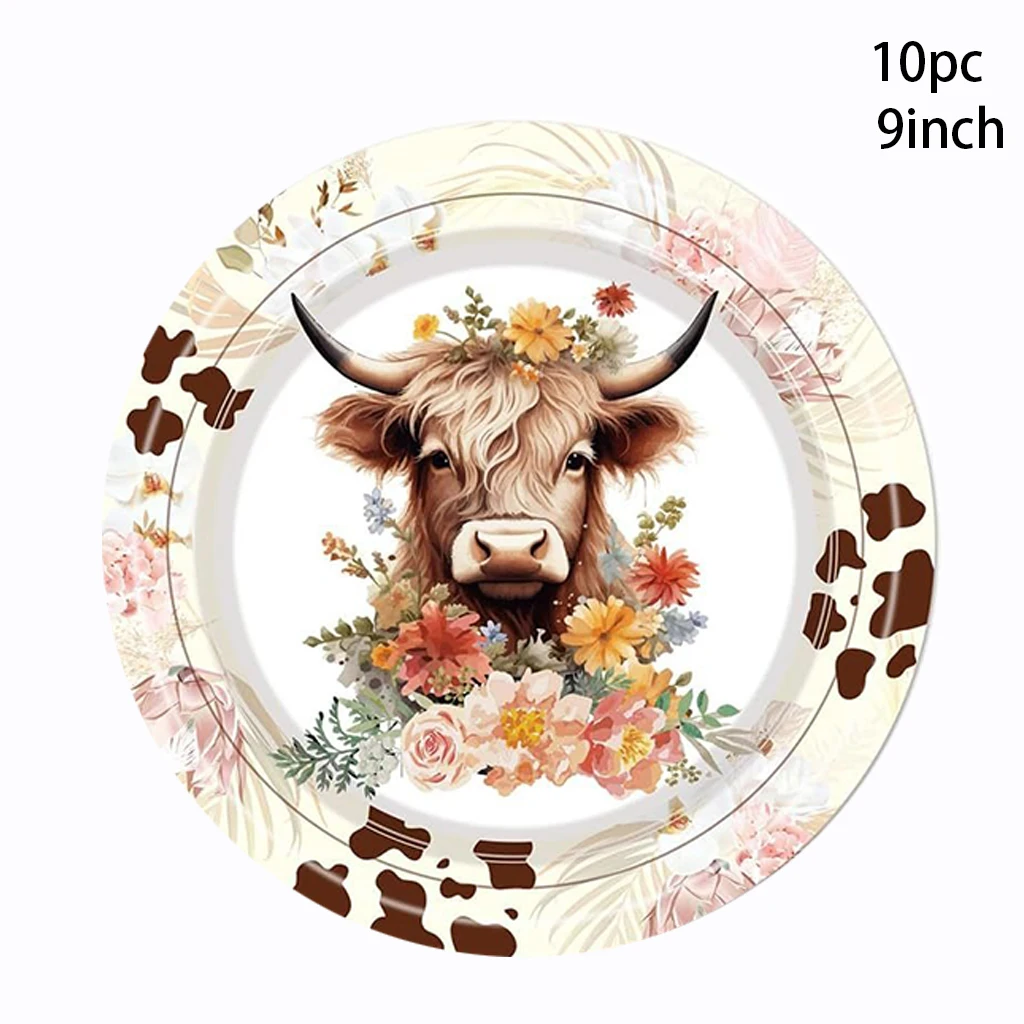 Engangsservise med høylandsfe-tema for 10 gjester, brun ku, papirtallerkener, servietter, kopper, happy holy cow, bursdagsfestdekorasjoner: Fluorescensgul