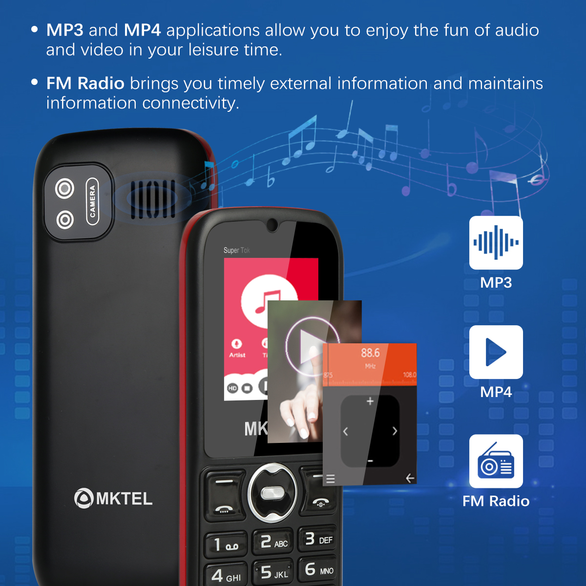 Mktel Super tok Merkmal Telefon 1.77 "-Anzeige, 800- mah-akku, Dual-sim-bereithalten,  mp3 mp4 fm Radios für senioren