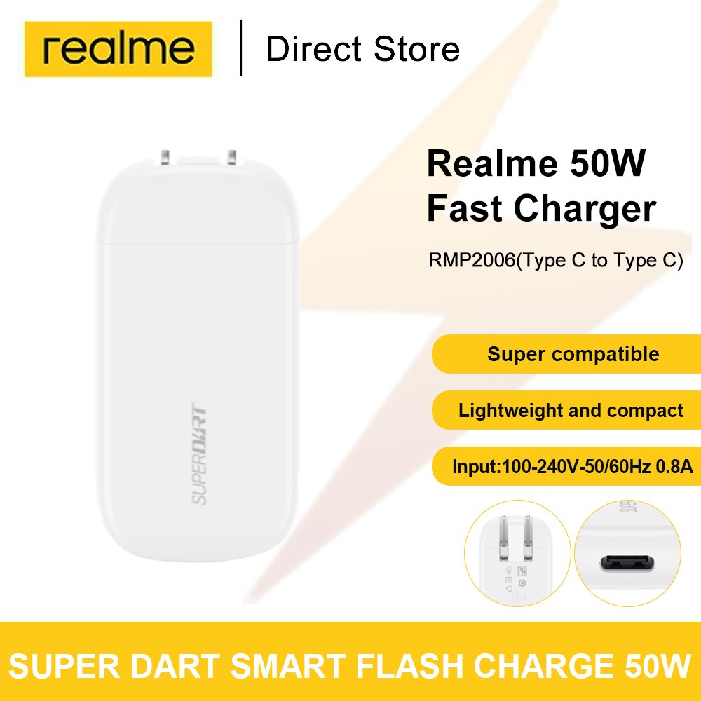 Szybka ładowarka Realme Superdart 50W z kablem type-c Qc Pd Pps Supervooc lekka dla Realme 8 Pro 7 Pro GT GT Master Edition