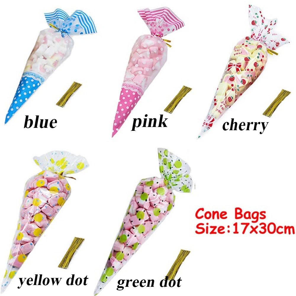 50PCS/pack Cone Bag Cellophane Package Twist Ties Clear Candy Popcorn Baking Wrapping Supplies Party Supplies