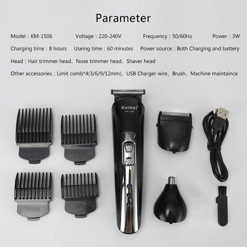 Cortadora de pelo Kemei KM-1506 multifuncional, Afeitadora eléctrica recargable para pelo de nariz, Afeitadora eléctrica, afeitadora de barba, corte de pelo