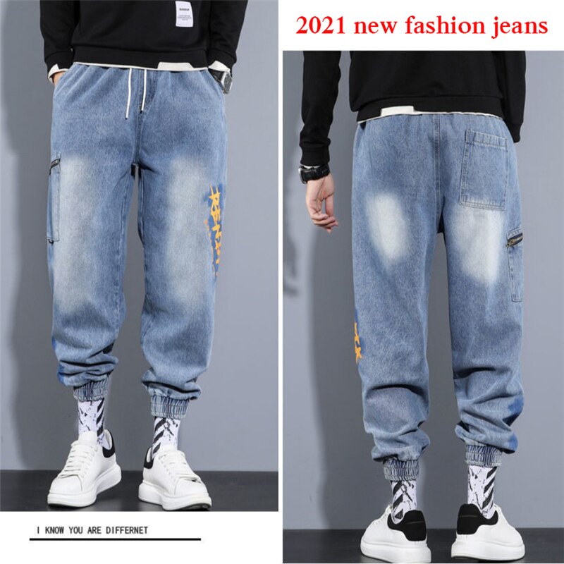 Spring Harem Pants Men Loose Straight Jeans Elastic Waist Baggy Trouser Hip Hop Style Trendy Jeans Plus Size