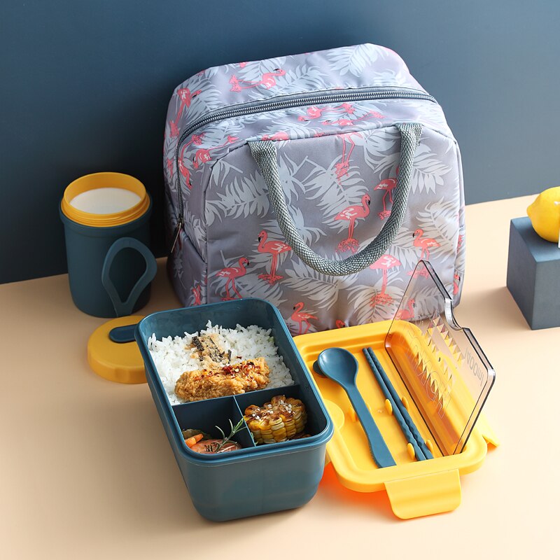 Grid Microwave Lunch Box Portable Japan Compartment Bento Box Simple Style Fruit Salad Container Storage For Kids With Tableware: BLUE add CUP BAG