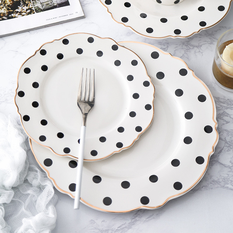 10inch Food Tray Gold Edge Dinnerware Set Polka Dot Dinner Plate Set Soup Dish Steak Flat Plate Flower Shape Breakfast Tableware