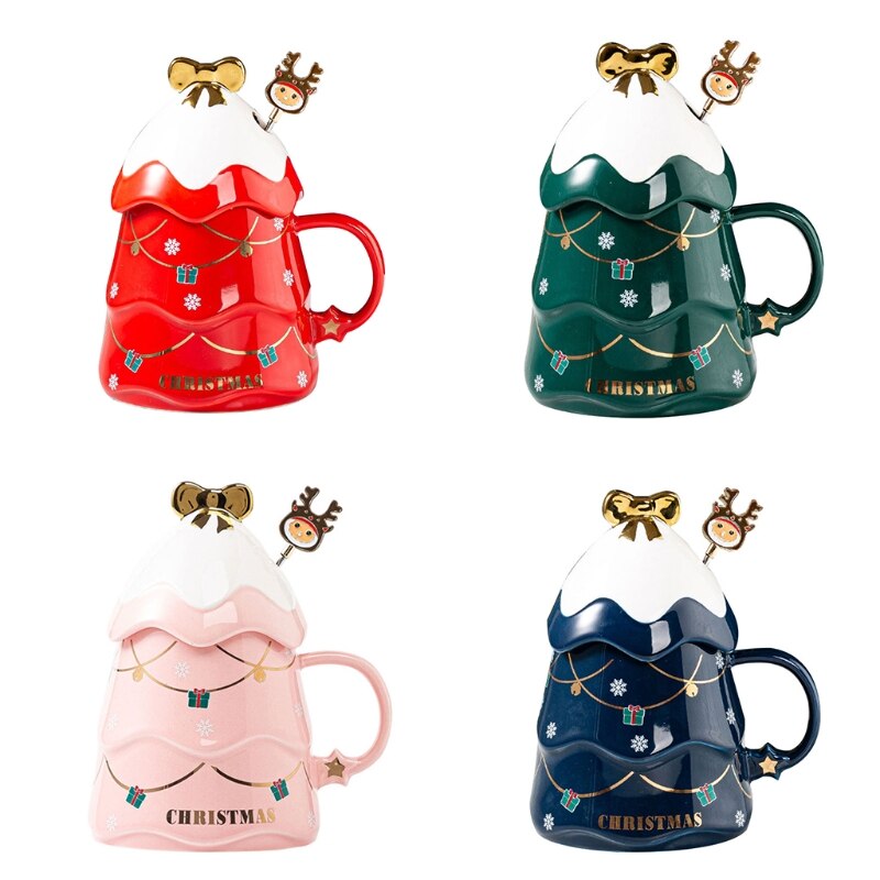 500ML Christmas Tree Shaped Tea Cups Milk Mugs Coffee Cups with Lids Funny Mugs Ceramic Material Cups 4 Colors to Choose