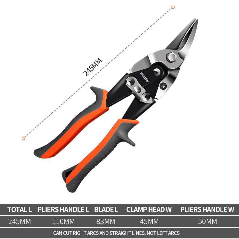 Sheet Metal Snip Aviation Scissor Iron Plate Cut ShearStainless Steel Integrated Ceiling Household tool industrial industry work: 10 inch Right bend