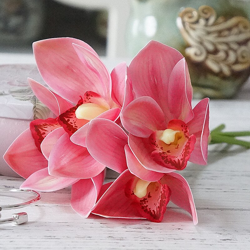 Ramo de novia de orquídeas blancas, flores artificiales de látex, álbum de recortes DIY, Decoración de casa, 4 Uds. Por paquete: Pink