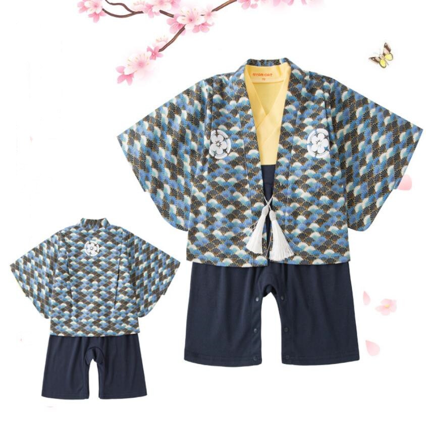 Kimono Baby Boys Clothes Japanese Style Kids Romper Retro Bathrobe Uniform Infants Pajamas Long Sleeve Printed Kimono A203