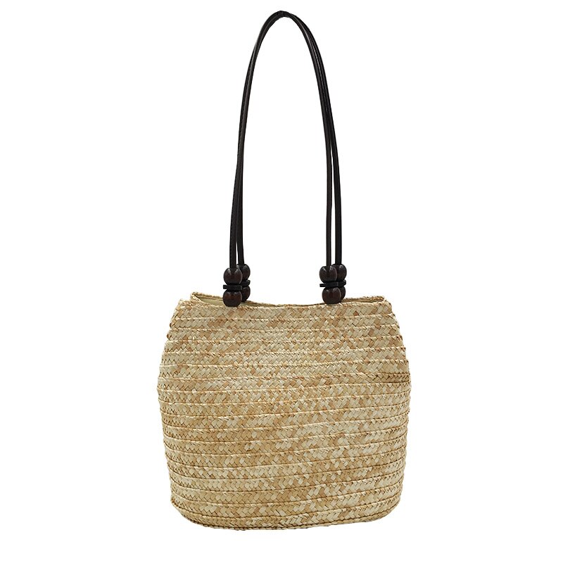 Tarwe Stro Geweven Vrouwen Schoudertas Kralen Handtas Bohemian Zomer Strand Tassen Vrouwelijke Gebreide Draagtas: Beige handbag