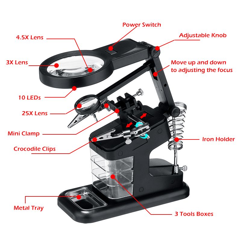 Thrid Hand Soldeerbouthouder Lassen Tool + 3X-25X Vergrootglas Verlichte Glazen Led Alligator Clip Houder Klem Helpen Reparatie: 3 4.5 25X Black