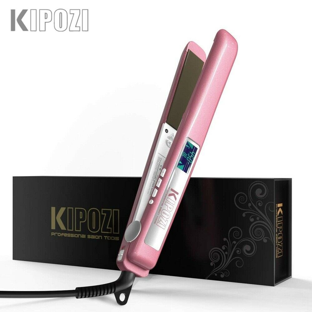 KIPOZI-plancha de pelo con placa de titanio, plancha plana con pantalla LCD Digital, herramienta para el cabello de calentamiento rápido de doble voltaje: Pink / US