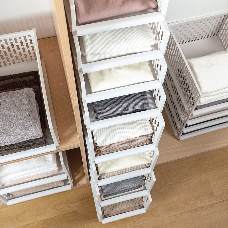 Stackable Wardrobe Drawer Cabinet Organizer Drawer Clothes Closet Storage Box Shelves Plastic Layered Partitions Storage Rack