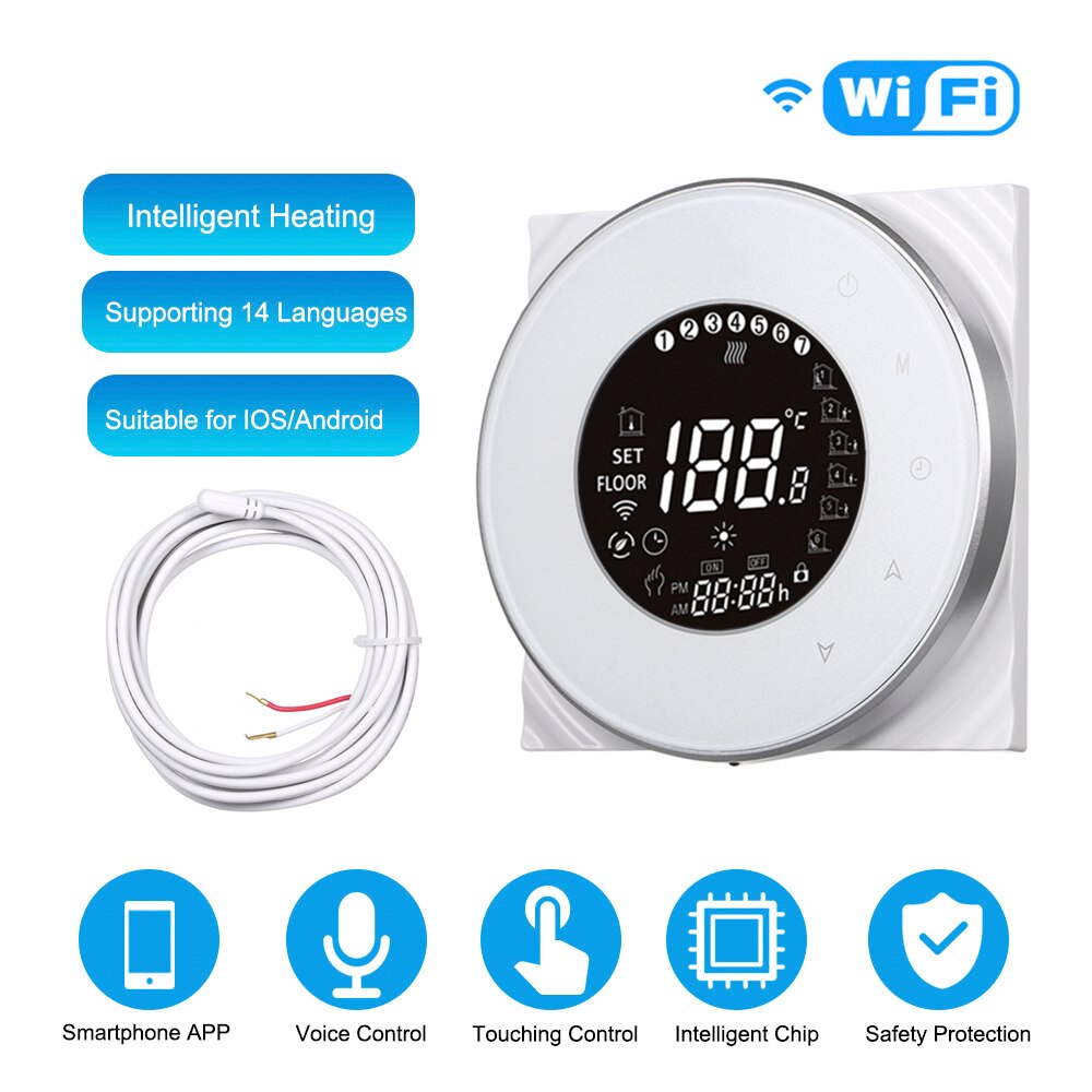 Smart Electric Heating Thermostat with Touchscreen LCD Display Weekly Programmable Room Temperature Controller 16A 95~240V GB: GB white with WiFi