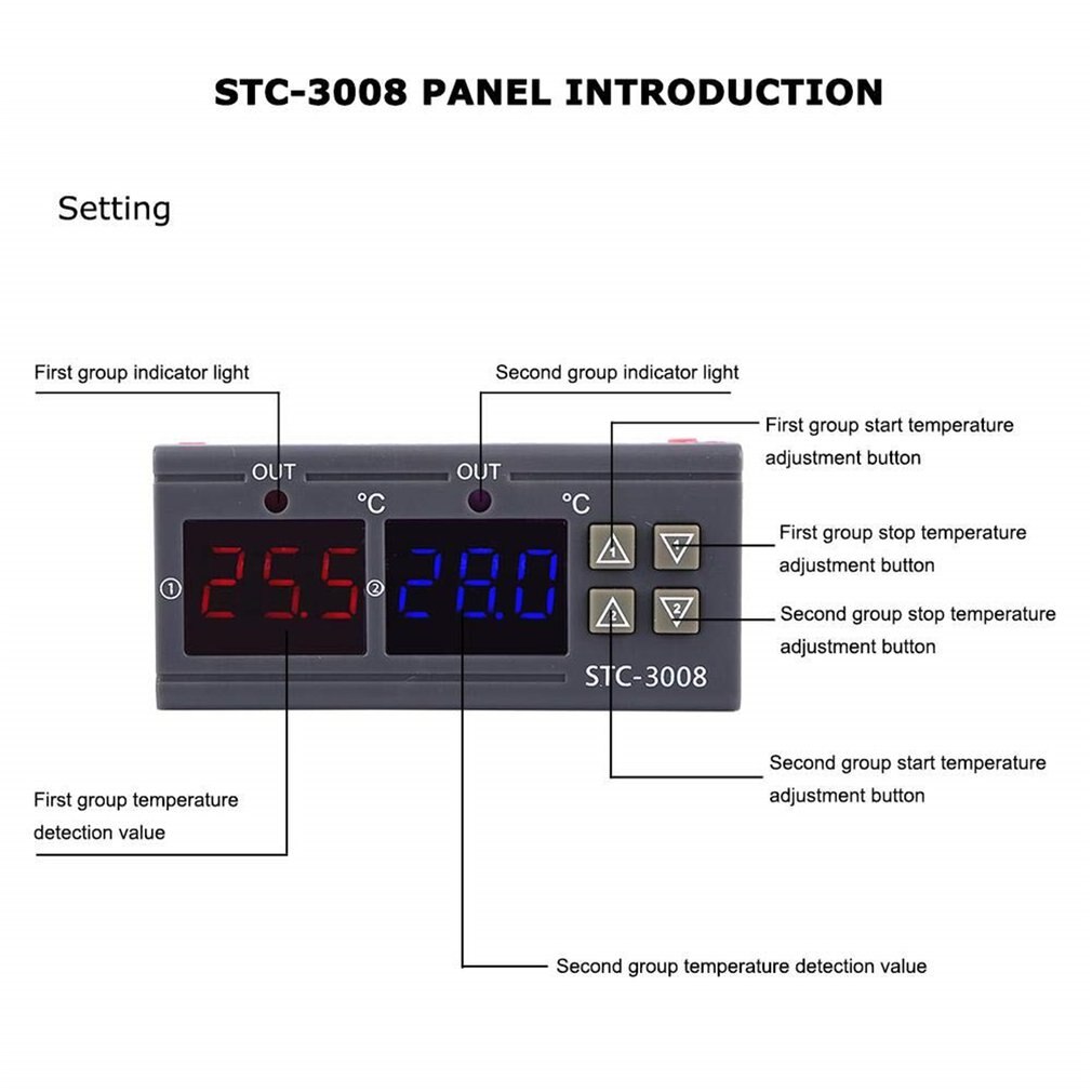 STC-3008 Dual LED Probe Temperature Controller Thermostat Temperature Control Meter With LED Display