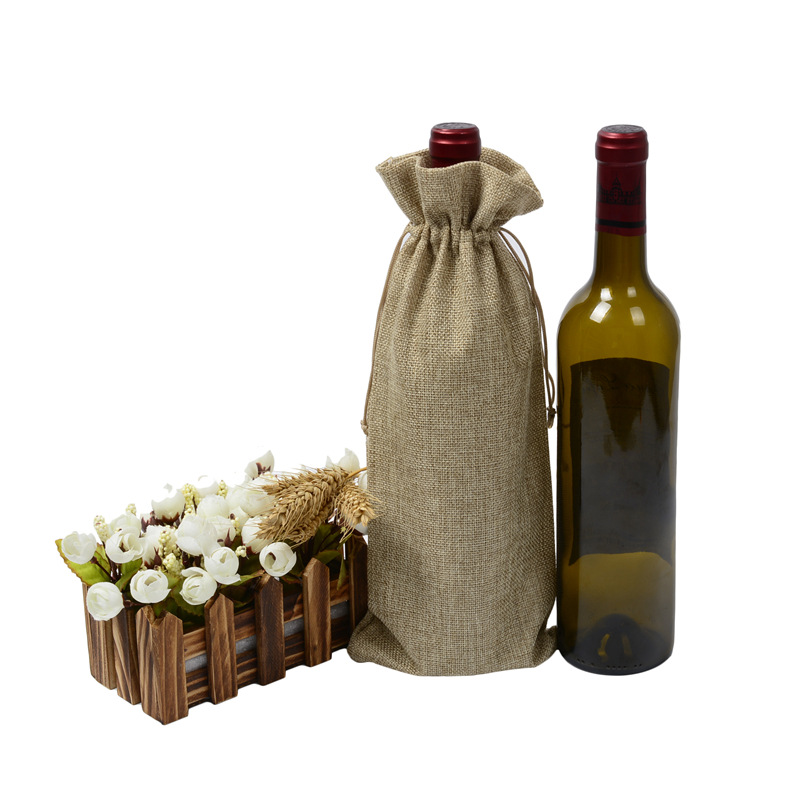 Rustic Linen Drawstring Wine Bottle Cover Wedding Party Decor Set Wine Bag Packaging Bag Carrier For Gifting And Decorating