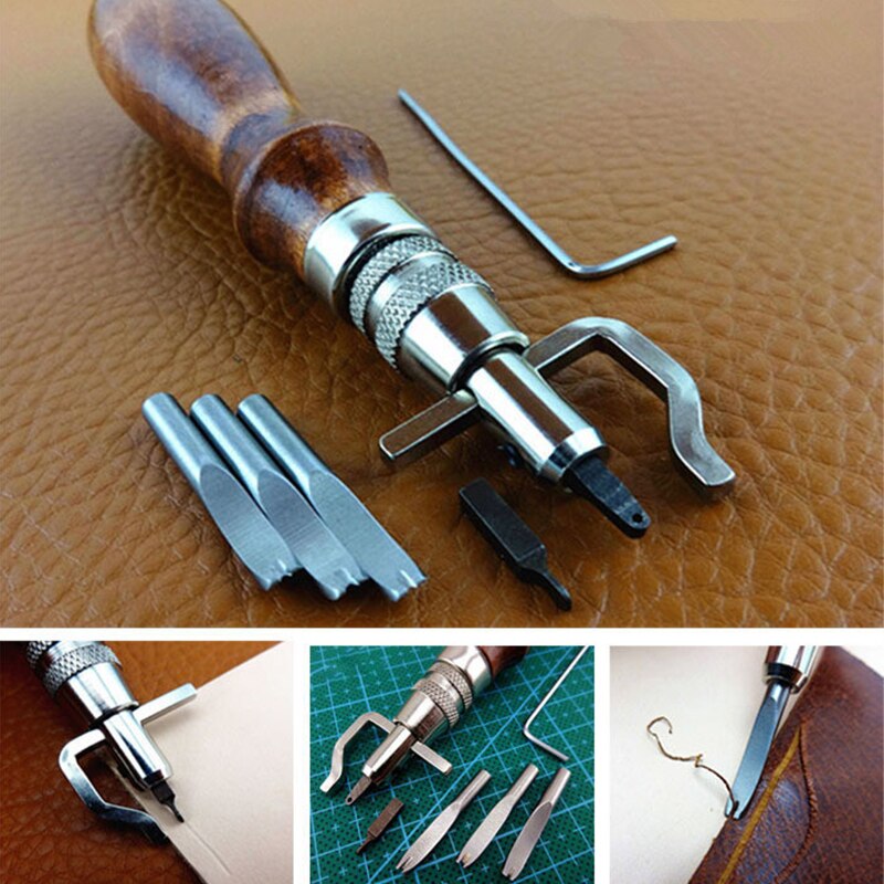 7 in 1 Multifunction Trenching Tools Digging Device Pro Leathercraft Adjustable Handle Stitching Sewing Crease Leather Tools Set