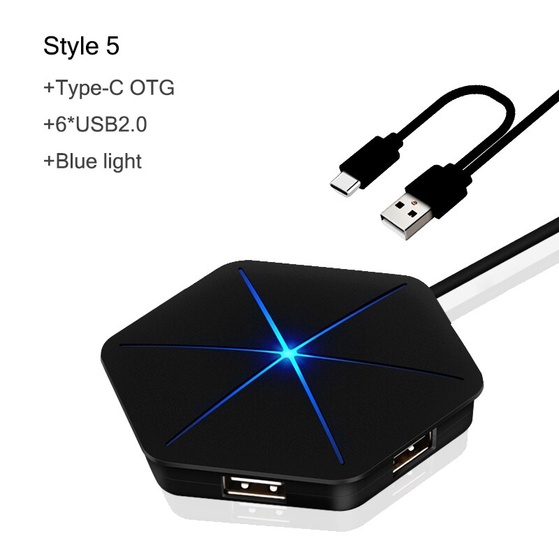 Répartiteur OTG 6 ports USB Hub, 7 modèles, avec lecteur de carte SD TF, lumière RGB Cool, USB 2.0 3.0, pour ordinateur de bureau et portable: S5 Black OTG USBC