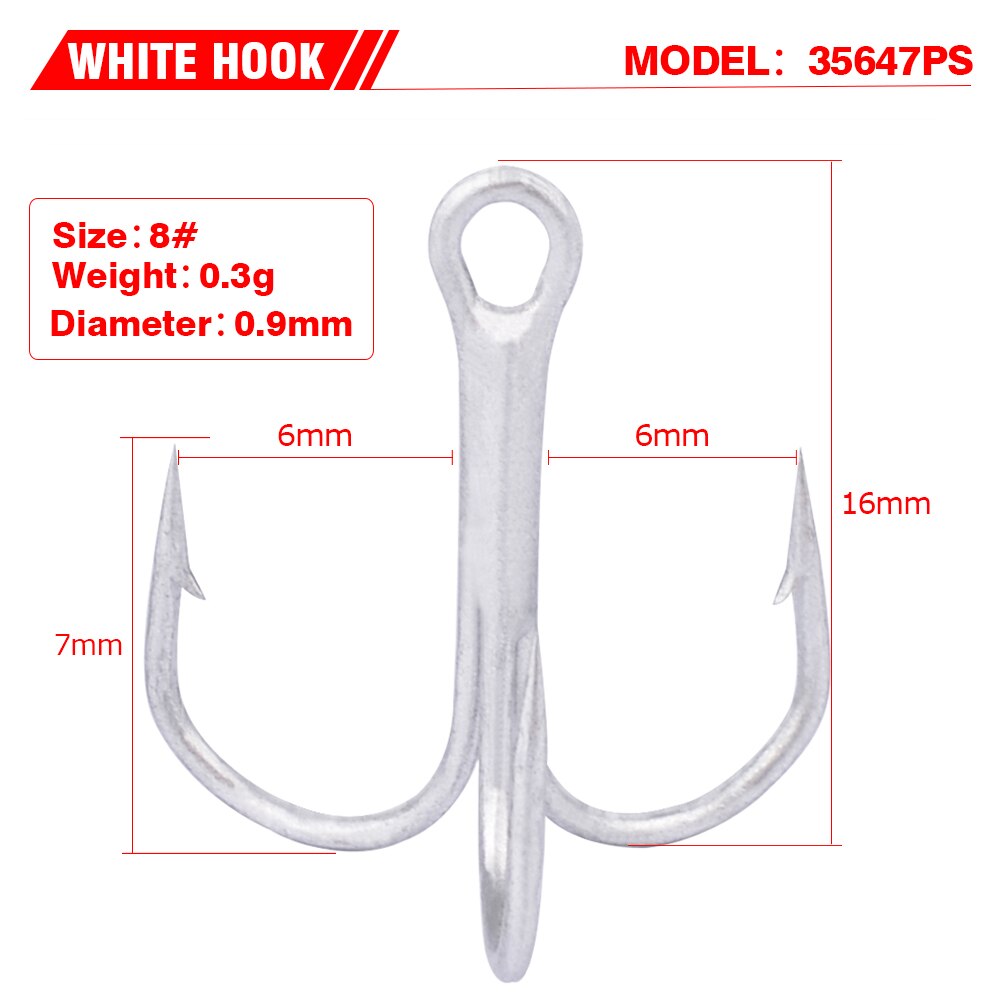 COMDABA 50 unids/lote 1 anzuelo de pesca de acero rico en carbono, anzuelos triples, aparejos de pesca de Color blanco/2/4/6/8/10 # anzuelos de pesca