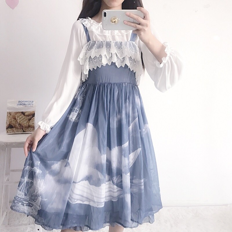 Gotisk lolita kjole kvinder kawaii tøj lolisømme chiffon hofteholder kjole + langærmet langærmet studerende hvid skjorte