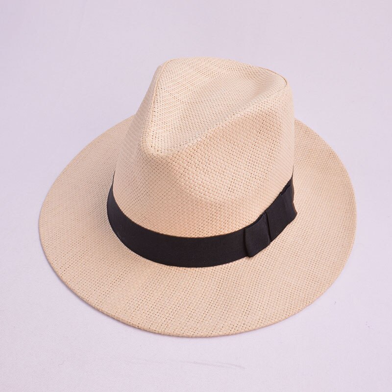 Women Men Straw Hat Summer Casual Beach Sun Panama Jazz Hat Unisex Fedora Cap With Black Ribbon: beige