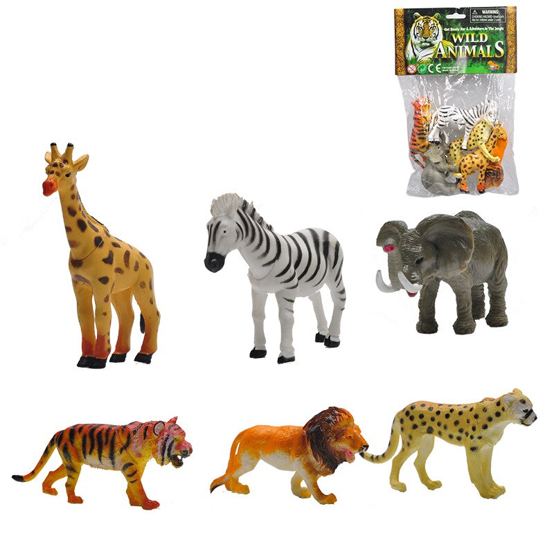 6 pcs kind simulatie diermodel bos dier tas leeuw tijger olifant zebra luipaard trompet dier model speelgoed set