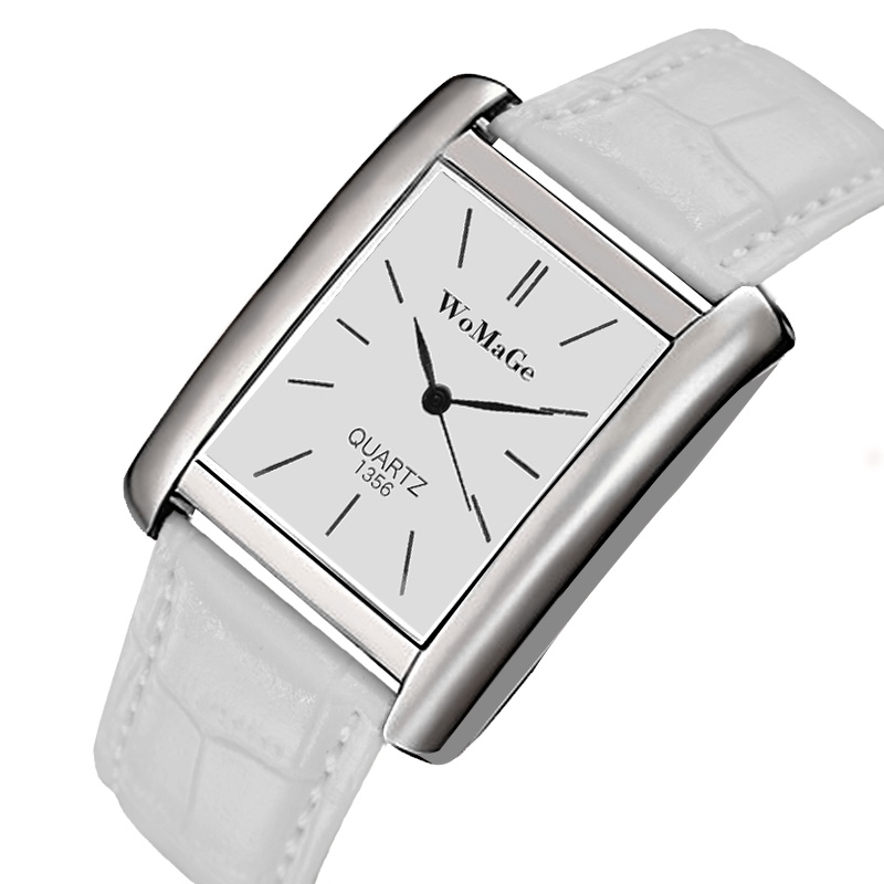 Womage kvinders ure top brand luksus damer ur kvinder ure læderrem kvinders rektangel ur ur reloj mujer: Hvid 1