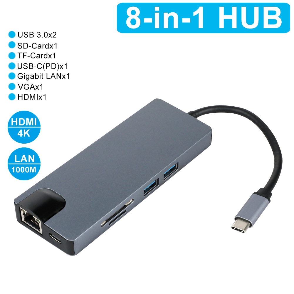 Hub tipo C con adaptador USB tipo C a HDMI VGA RJ45 Lan Ethernet SD TF USB-C 3,0 tipo c PD cargador para MacBook Pro OTG