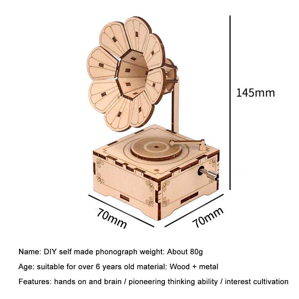 1Set DIY Hand Cranked Wood phonograph ramophone Music Box Wooden puzzle Handmade assembled children's YJN