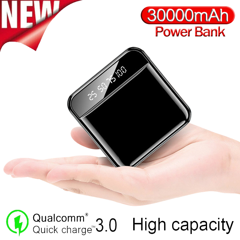 Mini Power Bank 30000mAh Portable Phone Charger Outdoor Travel Powerbank LED Light Poverbank LCD Digital Display for Smartphone