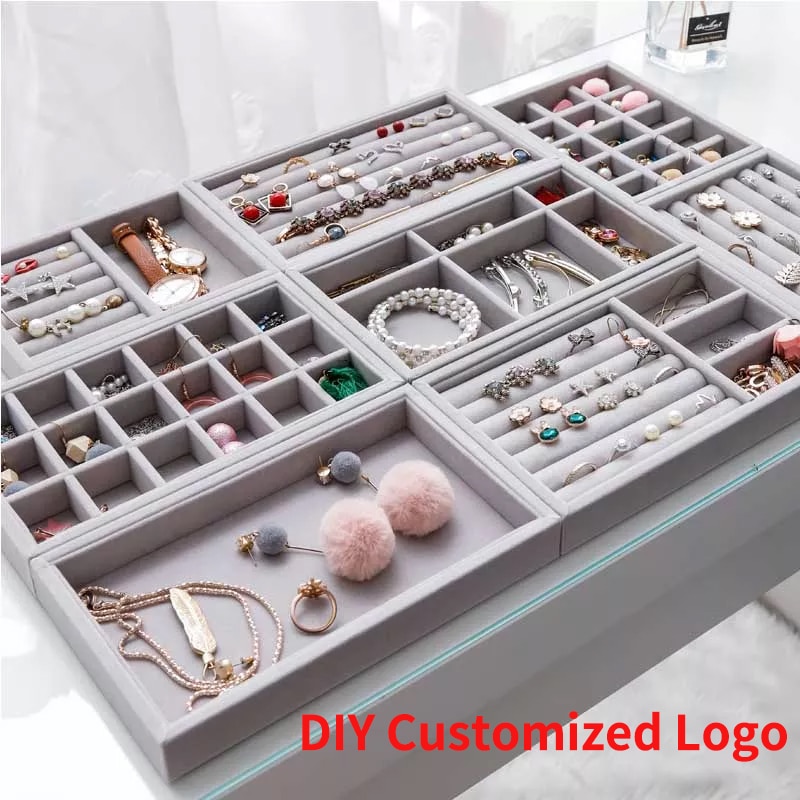 Caja de joyería artesanal hecha a mano, cajón organizador de almacenamiento de joyas de terciopelo suave gris, pendientes, collar, colgante, pulsera, bandeja, 9 opciones