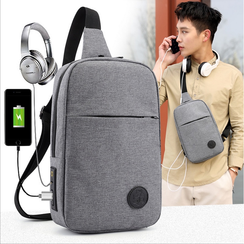 Duopindun Sac Homme Sac à bandoulière pour hommes Sac à bandoulière en toile matériel solide gris couleur USB chargement Sac à main à bandoulière