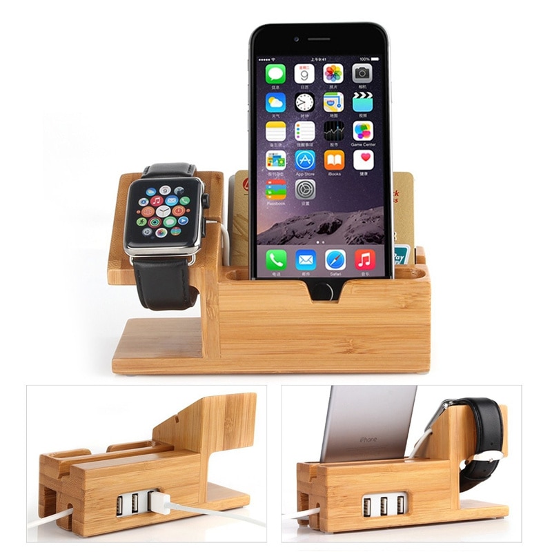 Wooden Charging Dock Station Multi-Function for Mobile Phone Holder Stand Bamboo Charger Stand Base For Apple Watch iPad iPhone
