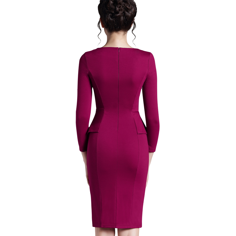Nice-forever elegante cor sólida peplum vestidos de escritório festa de negócios bodycon bainha vestido feminino 635
