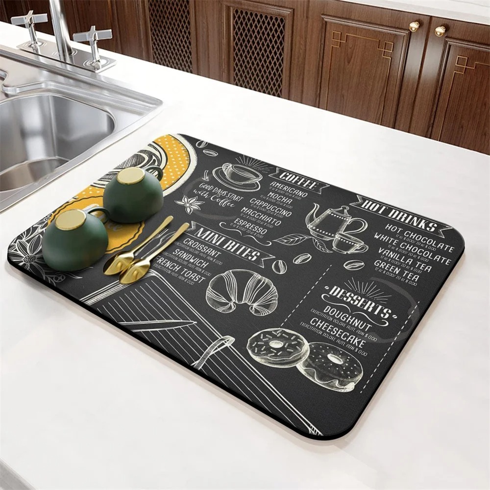 Kaffemenu mønster opvaskemåtte skridsikker superabsorberende spisebord køkkentæppe bordservice skrivebord afløbsmåtte dørmåtter: 40 x 120cm / Gul