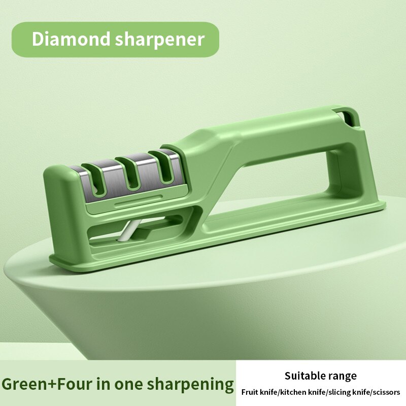 4 In 1 Knife Sharpener Manual Knife Sharpening Tool Scissors Sharpening Stone With 1 More Replace Sharpener Kitchen Accessories: Green
