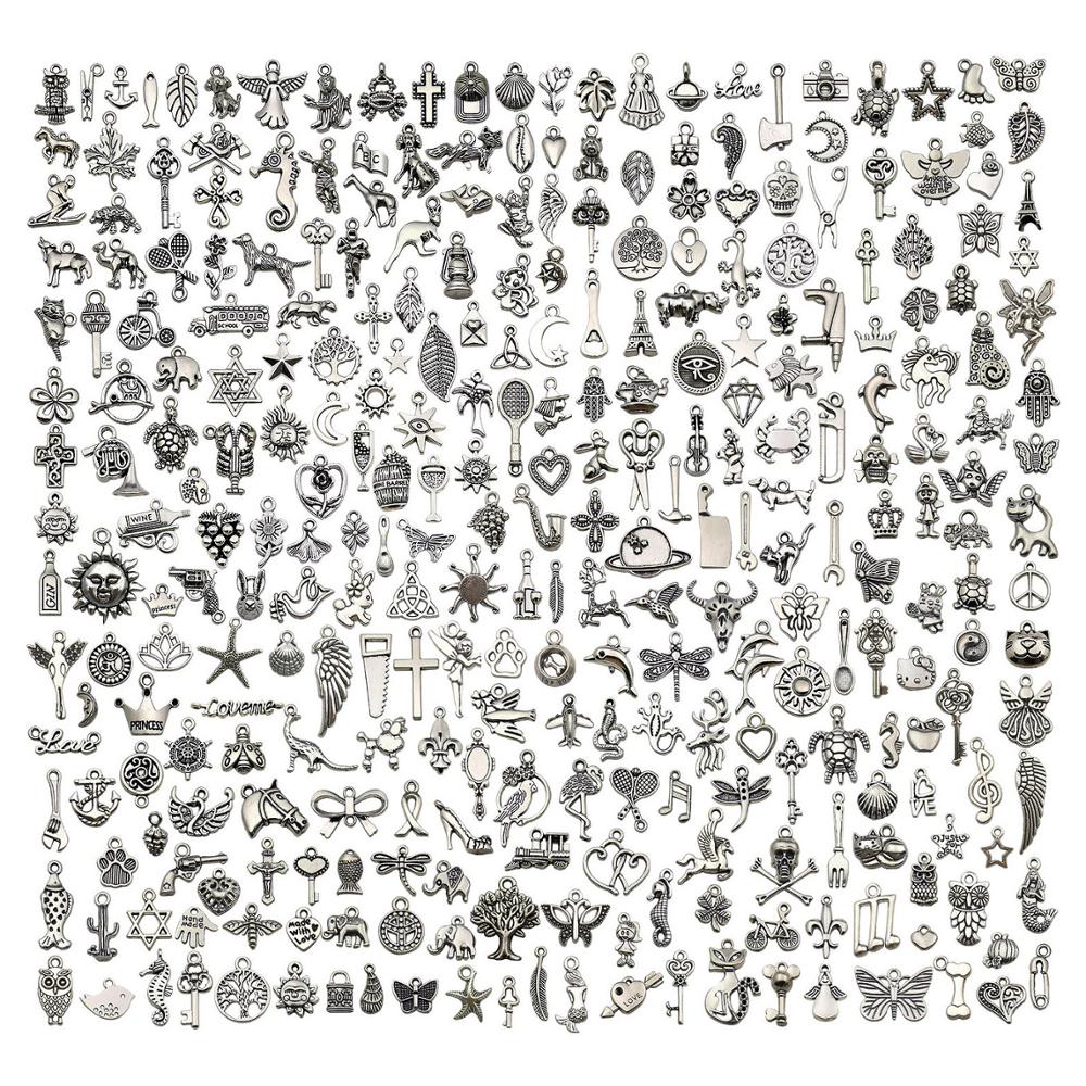 300pcs Charms for Jewelry Making Mixed Smooth Tibetan Silver Metal Pendants for DIY Necklace Bracelet and Crafting