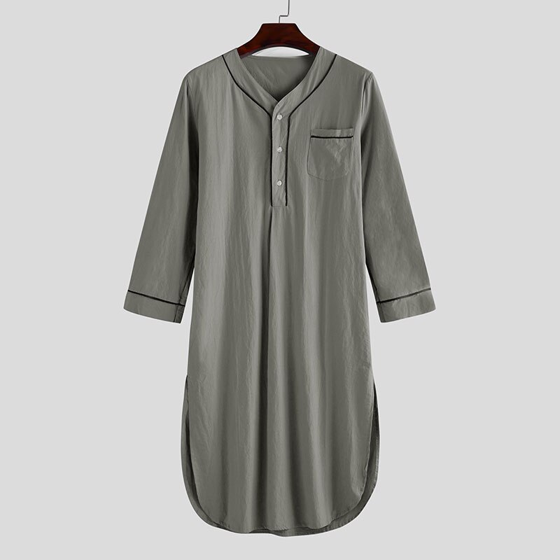 Pijamas de manga larga con cuello en V para hombre, ropa de casa suelta, Color sólido, Premium, camisón: Gris / M