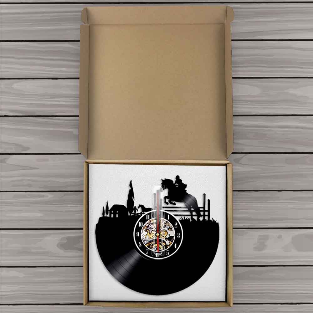Decoración ecuestre de pared para montar a caballo, lámpara de pared de disco de vinilo Vintage, reloj LED luminoso de salto de caballo, reloj colgante de pared silencioso