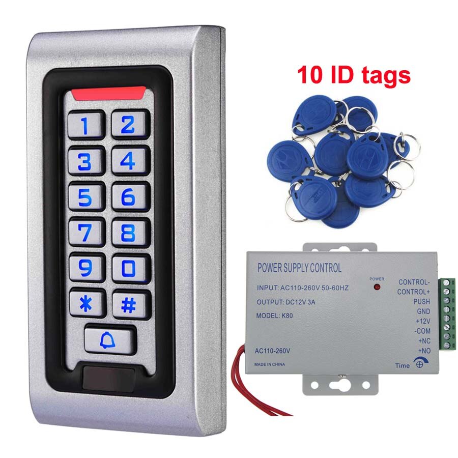 Waterproof RFID Keypad Door Access Control Stand-Alone of 2000 Users Wiegand 26-bit Support Proximity RFID Card: 10tags y 3A power